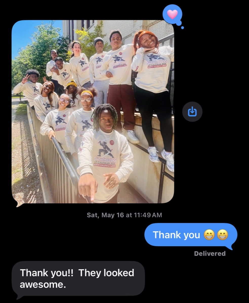 Customer text with a photo of students wearing their custom class shirts: Thank you!! They looked awesome.